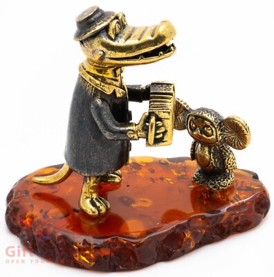 Solid Brass Amber Figurine of Cheburashka & Gena the Crocodile cartoon IronWork