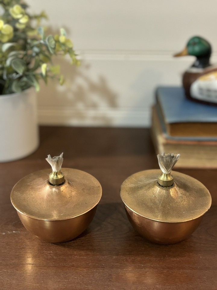 Lot of 2 Metal Copper & Brass Outdoor Garden Table Tabletop Oil Torch