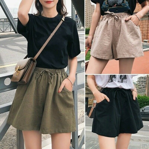 Lady Women Cotton Linen Baggy Shorts 
