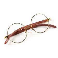 Vintage Men's Round Clear Tint Gold Lens Wood Frame Retro Shades Hip Hop Glasses