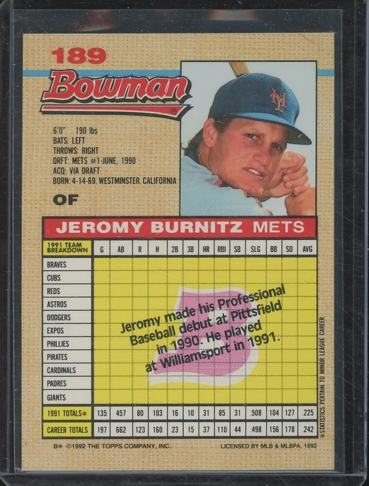 1992 Bowman #189 Jeremy Burnitz Rookie Card Auto - Image 2 of 2