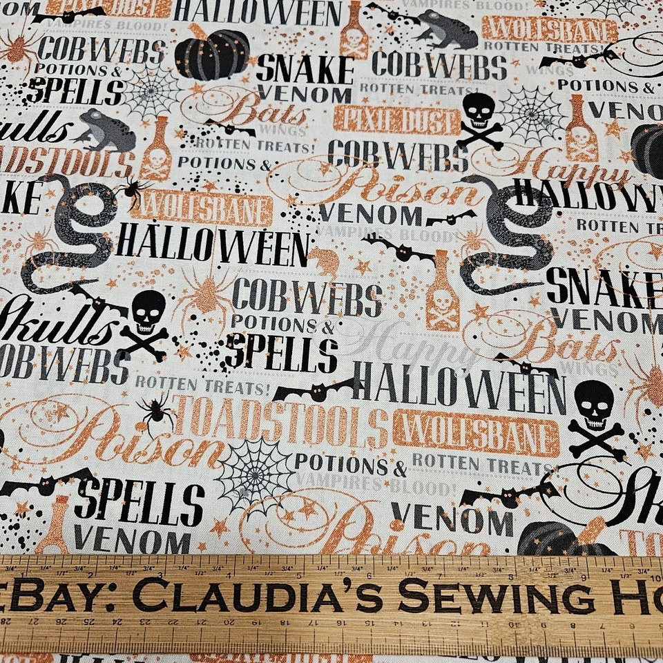 Pociones y hechizos para acolchar tesoros Halloween metal cobre palabra calabaza 1 yarda Foto 2 de 3