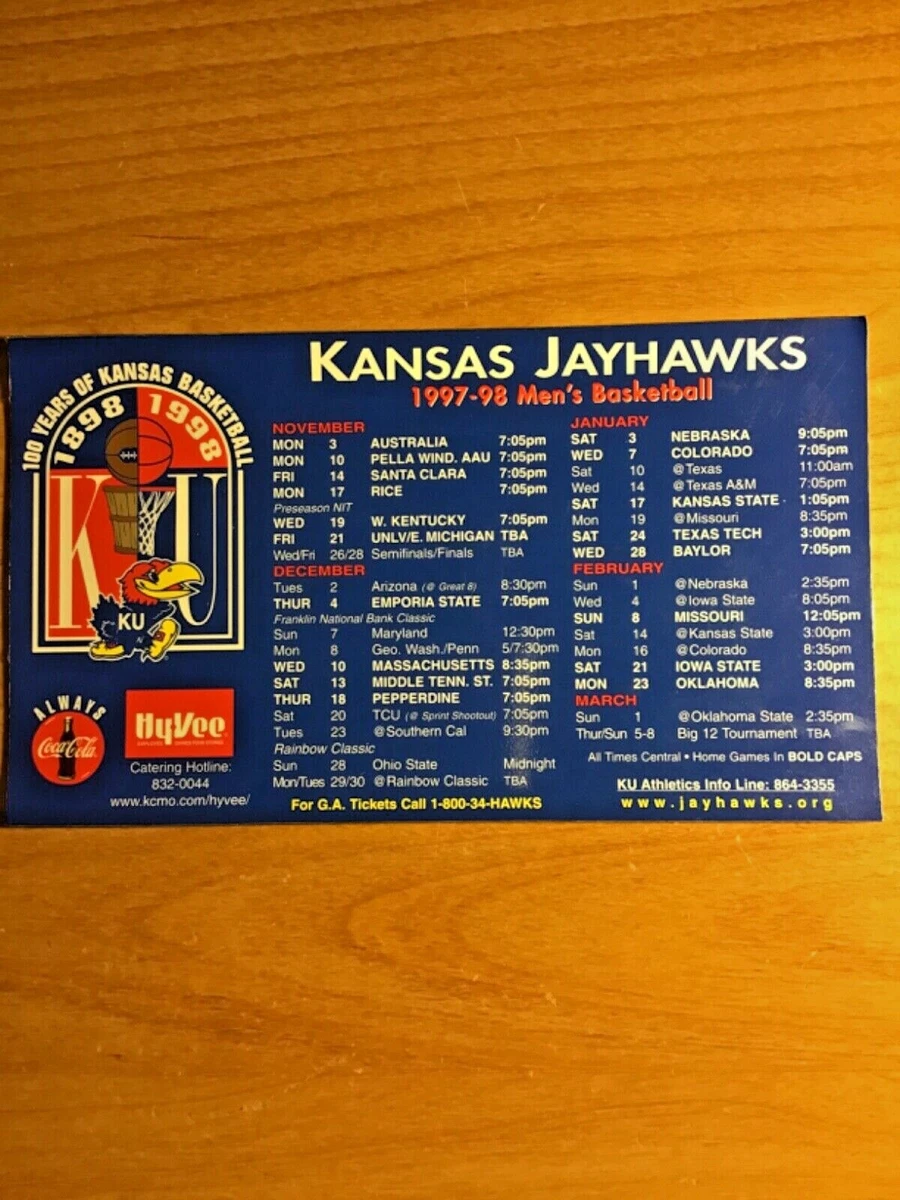 1997 1998 KANSAS JAYHAWKS MENS BASKETBALL SCHEDULE CARD MAGNET KU BASKETBALL