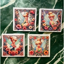 Tinkerbell Art Nouveau Ceramic Coaster Set with Holder