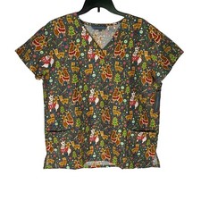 Serene Uniforms Christmas Scrub Top Large Multi Color Llamas Gingerbread Men