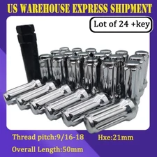 24pc Chrome Spline Lug Nuts | 9/16" | 9/16-18 | Acorn XL Long Tall + Socket Key