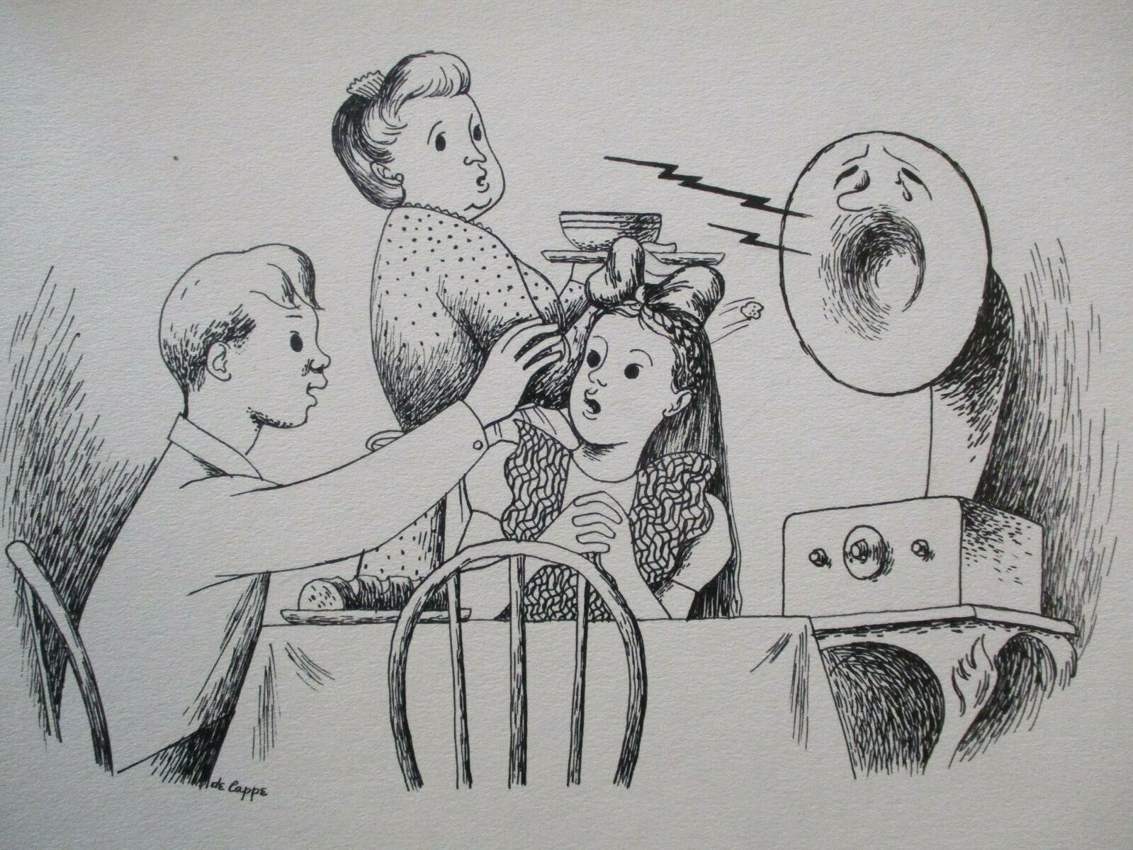 DE CAPPE SIGNED MID CENTURY DRAWING Illustration ORIGINAL SURREAL SINGING RADIO