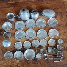 35 Pc Vtg Kids Metal/Aluminum Kitchen Play Set - Roaster, Kettle, Dishes Etc