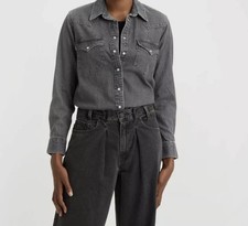 Levi's Women's Button Up Western Shirt Basic Pearl Snaps Pointed Flaps XS Gray