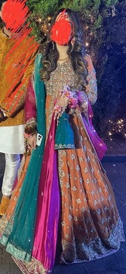 orange and pink mehndi dress Pakistani Indian mehndi outfit For Girls Hot Pink ,orange