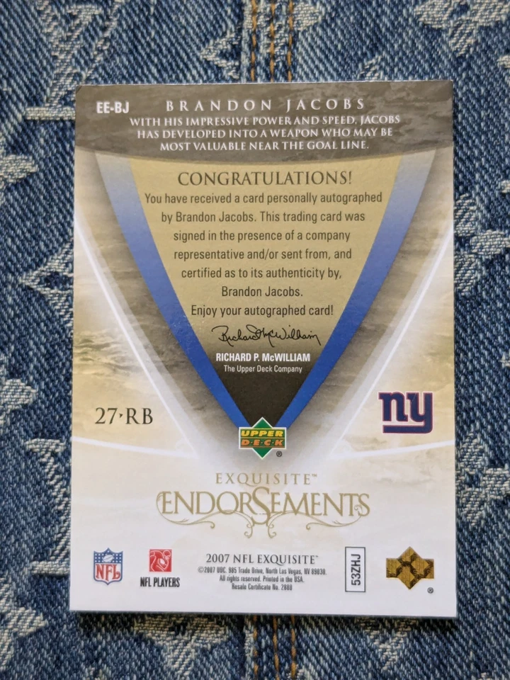 2007 Upper Deck Exquisite Endorsements Brandon Jacobs On Card Auto 6/20 RARE - Image 2 of 4
