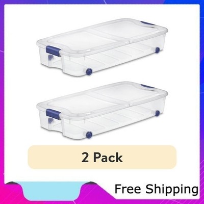 (2 pack) Sterilite Large Storage Bin, 66 Quart Clear Underbed Storage Container