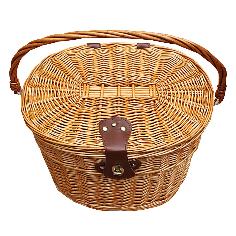 Hot Bike Cycling Rustic Wicker Basket Shopping Bag With Lid Carry Handle