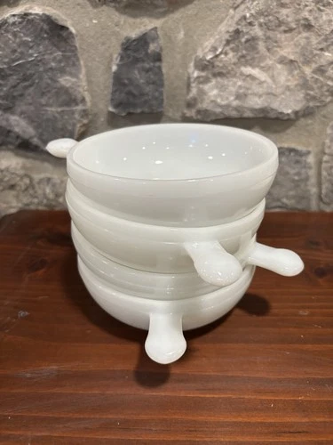 4 Vintage GLASBAKE Milk Glass Soup Chili Crock Bowls Lug Handle J2663 White 11oz