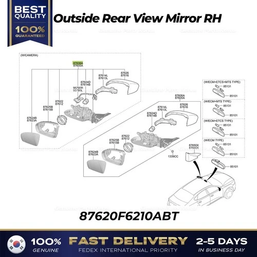 ⭐Genuine⭐ Outside Rear View Mirror RH 87620F6210ABT for Kia K7