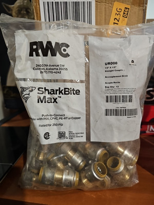 12 Pack SharkBite Max UR008 1/2'' x 1/2'' Brass Push Coupling