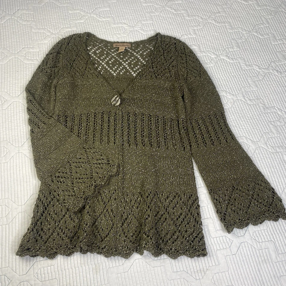 Marisa Christina 绿色喇叭袖钩针编织针织单扣开衫,尺寸 XL 波西米亚 — 第 2/4 张图片