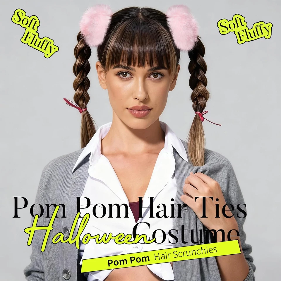 4PCS Pink Pom Pom Hair Ties, Furry Faux Rabbit Fur Light Pink Scrunchies, Hair T - Image 3 of 4