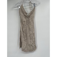 ZARA Ruched Mini Dress Soft Gold Tan Short Tie Neck Strap Silky Sz XS NWT