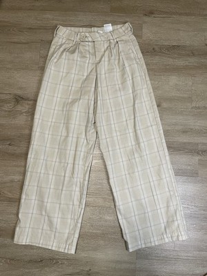 H&M Divided Women's Sz 4 Plaid High Waist Wide Leg Beige Trousers