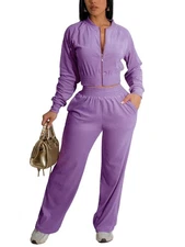 2 Piece Outfits Velour Tracksuit For Women Zip Up Short Style Velvet Jogger S...