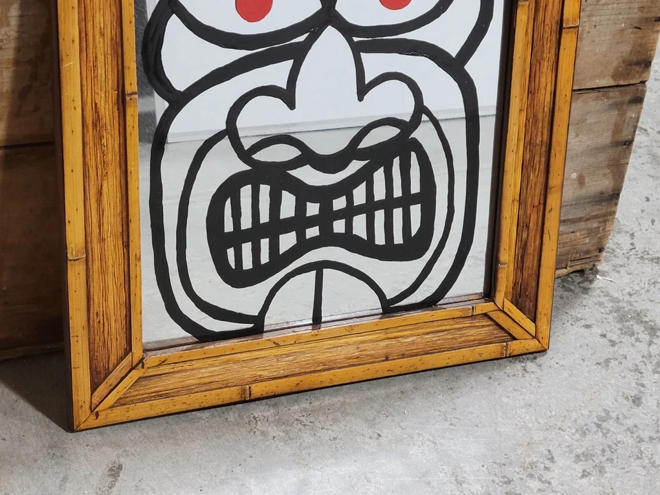 Vintage Tiki Bamboo Mirror One Of Kind Hand Painted Angry Face Bar Art 21"x25"  - Image 3 of 4