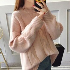 Women Sweater Jumper Loose Knitted Pullover Stand Collar Puff Sleeve Warm Casual
