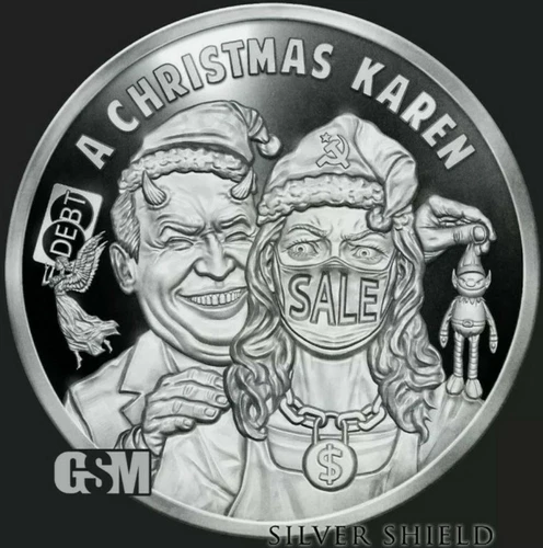 1 OZ .999 PURE SILVER SHIELD PROOF A CHRISTMAS KAREN MEMBERS ONLY ROUND COIN COA