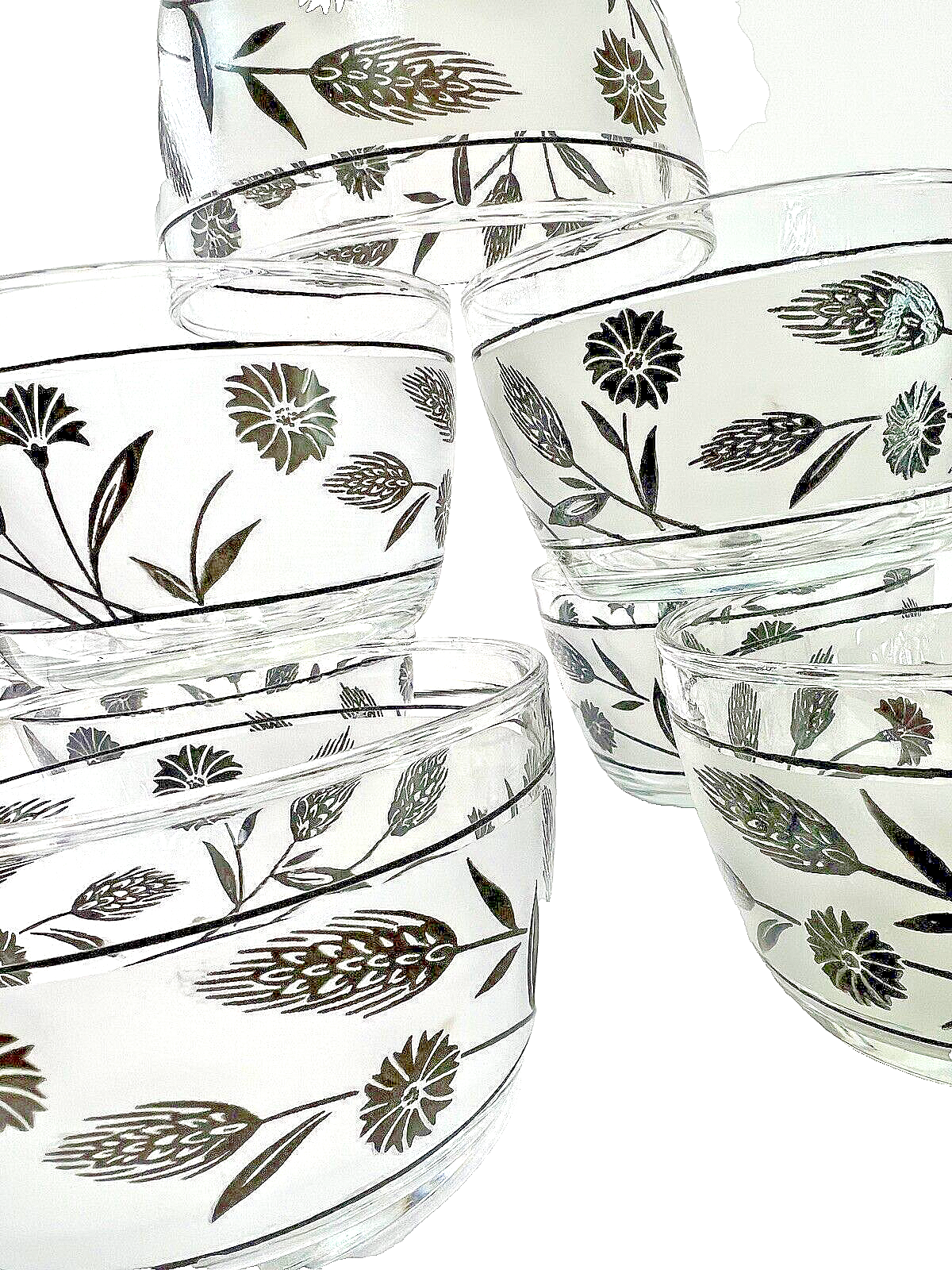 Libbey Retro Frosted Wild Flower Wheat Leaf Glass Custard Bowls Set of 7