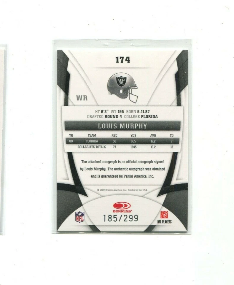 LOUIS MURPHY FLORIDA GATORS RAIDERS 2007 LEAF CERTIFIED #174 AUTOGRAPH 185/299 - Image 2 of 2