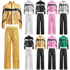 Kids Girls Dance Sparkling Jacket With Pants Metallic Outfits Long Sleeve 2Pcs