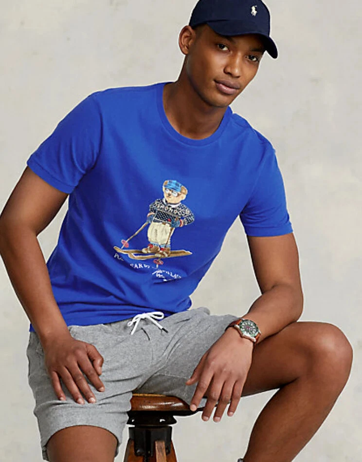 Men's Sz 2XL-Big Ralph Lauren Classic Fit Cotton Ski Polo Bear T-shirt Blue
