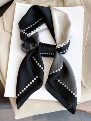 New Elegant Bandana Scarf Vintage BLACK and WHITE square print Silk Appearance