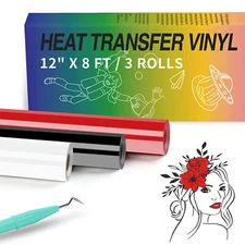 3 Rolls Black White Red HTV Bundle Heat Transfer Vinyl 12"x 8FT Iron on Garments