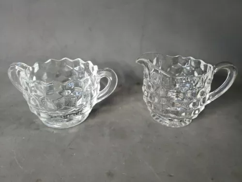 Fostoria American Cream and Sugar Set Clear Glass Cube Diamond