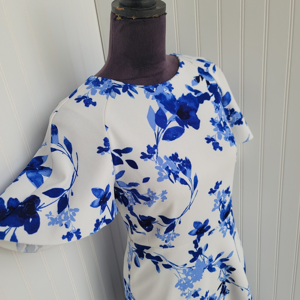 RALPH LAUREN 七分袖ワンピース WHITE & BLUE FLORAL LAUREN RALPH LAUREN Womens White Blue Floral Dress Stretch