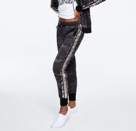 Victoria Secret VS Pink Sequin Bling Black Camo Skinny Jogger Pants XS NEW