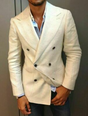 Beige Men Double Breasted Linen Suit 