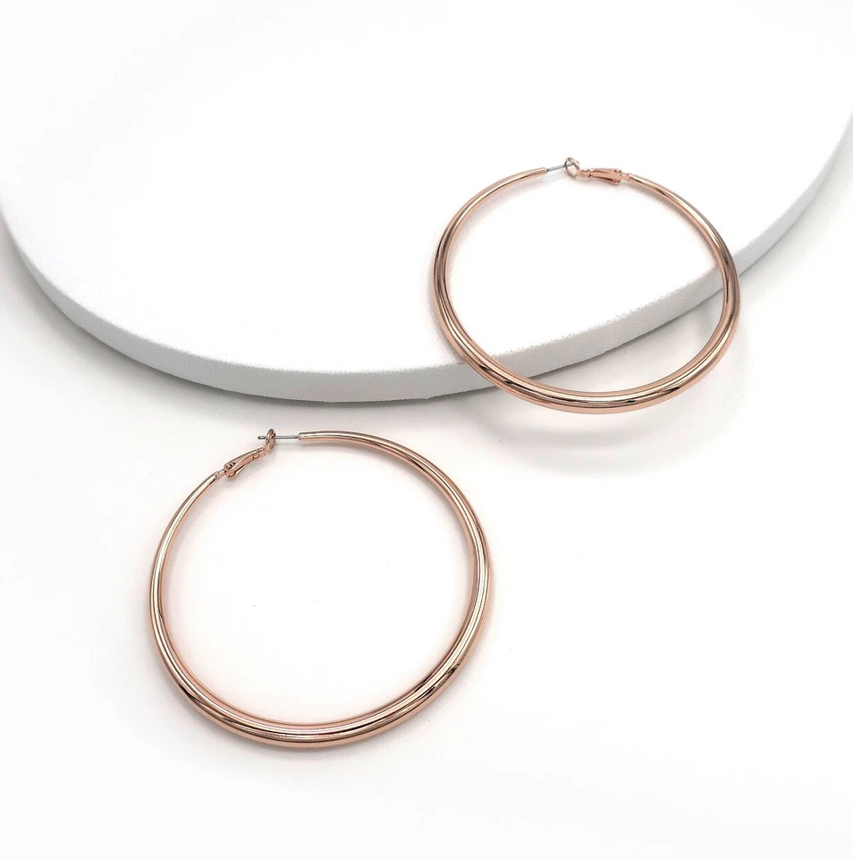 Pendientes de aro huecos de alta calidad 75 mm palanca poste trasero chapados en oro rosa de 18 k Foto 3 de 4