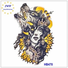 Wolf Queen Native American Girl Horn Body Chest Waist Arm Neck Temporary Tattoo