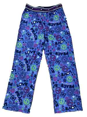 Girls Blue Peace & Love Soft Sleep Pants Pajama Bottom Butterflies & Hearts S