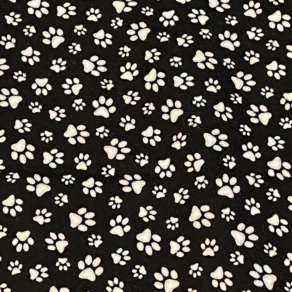 Puppy Paw Print Remnant Fabric Black Background White Paws 40x30 - Image 3 of 4