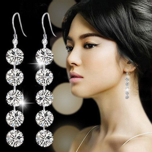 925 Silver plated Women Delicate Round Crystal Silver Dangle Hook Earrings - Picture 1 of 6