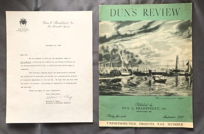 1937 DUN'S REVIEW BY DUN & BRADSTREET MAGAZINE AND LETTER REGARDING PROFITS TAX