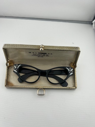 Vintage Foster Grant Rhinestone Cat Eye Glasses Frames USA w Case 50's 60's