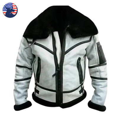 Men's Grey Black RAF B3 Bomber Aviator Sheepskin Shearling Fur Leather Jacket