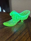 Vintage Uranium Vaseline Glass Cat Head Slipper Shoe Hobnail UV Reactive Fenton