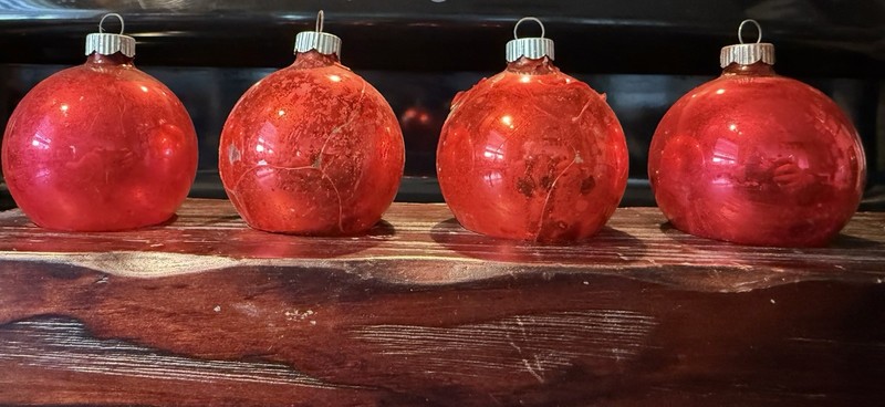 Vintage Mercury Glass Red Christmas Ornament Balls Crackled 1940s-1950s Set of 4