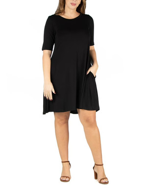 24seven Comfort Apparel Plus Size Pocket T-shirt Dress Women's 1X Black Solid