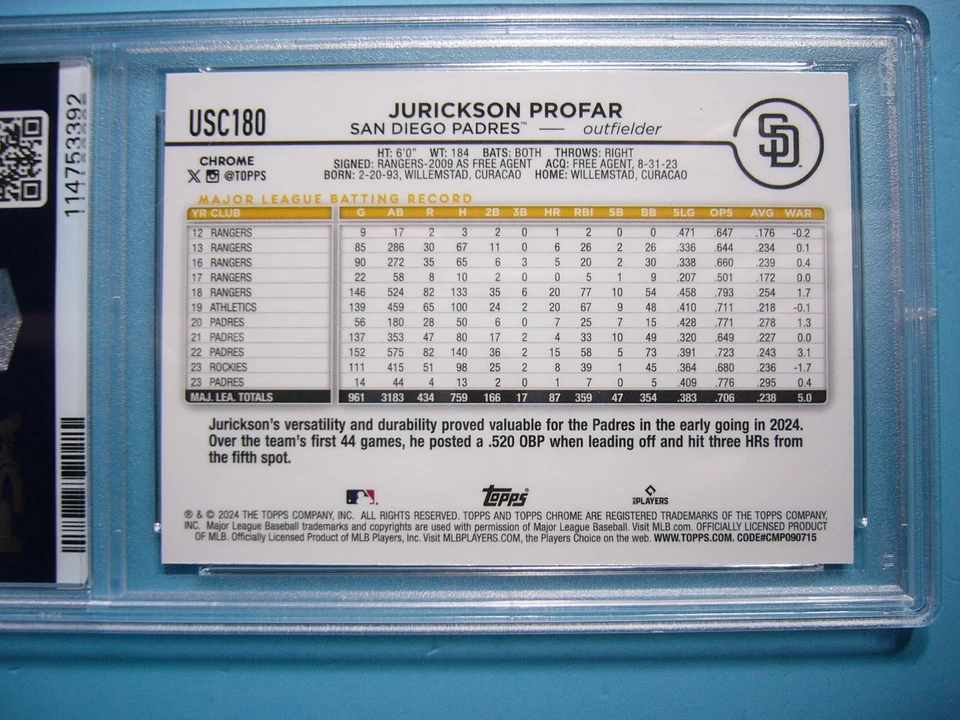 Actualización cromada Topps 2024 #usc180 Jurickson Profar refractor verde PSA 10/99 GL Foto 4 de 4